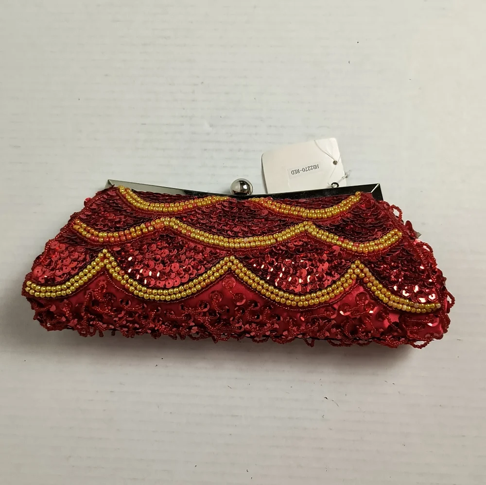 Evening Sequin Satin Mini Bag Beads Clutch Kiss Lock Red Metal Two Strap_3
